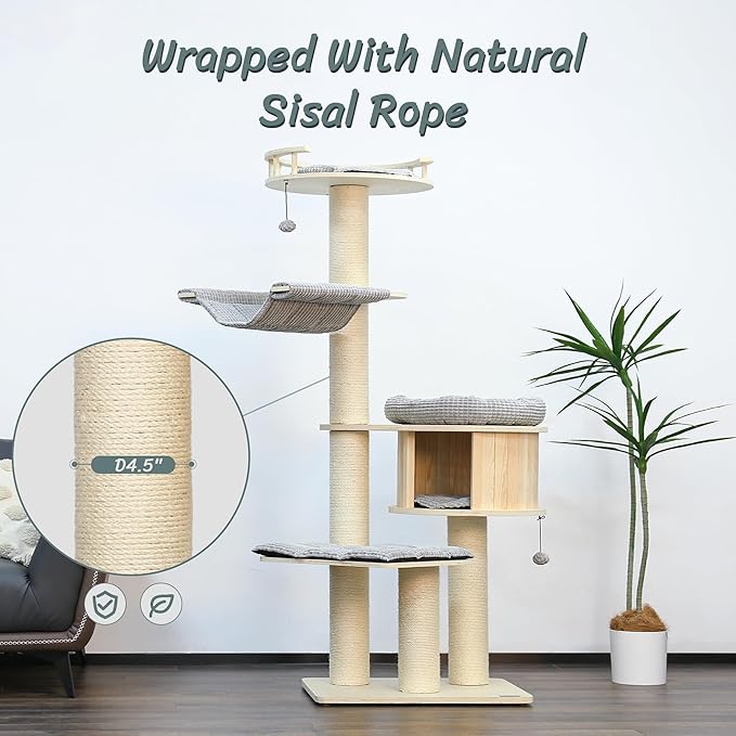 KAMABOKO Tall Cat Tree, 68" Large Cat Tower Multi-Level Platforms with Sisal Scratching Posts, Cat Tree for Large Cats 20 lbs Heavy Duty, Cat Condo Furniture for Active Cats, Top Fence Safety