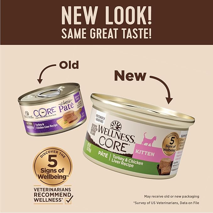 Wellness CORE Pate Kitten Canned Wet Cat Food, Natural, Protein Rich, Grain Free, Turkey and Chicken Liver Recipe, 3 oz, Pack of 12 Cans