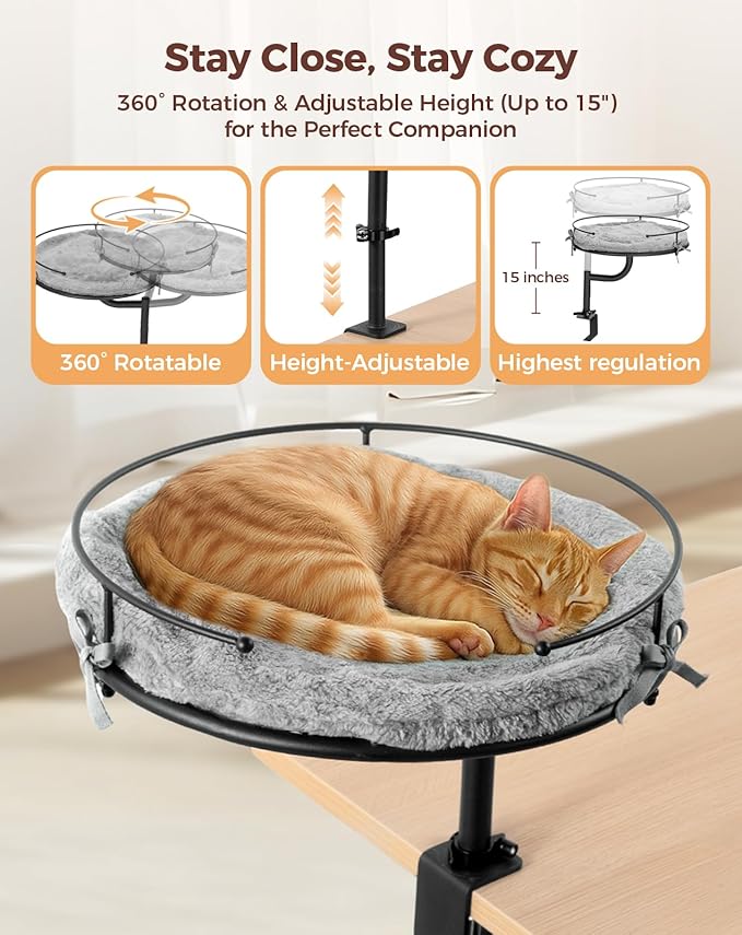 Cat Desk Bed, 360°Rotation & Height Adjustable Cat Bed for Desk Holds up to 40lbs, Machine-Washable Plush Cover