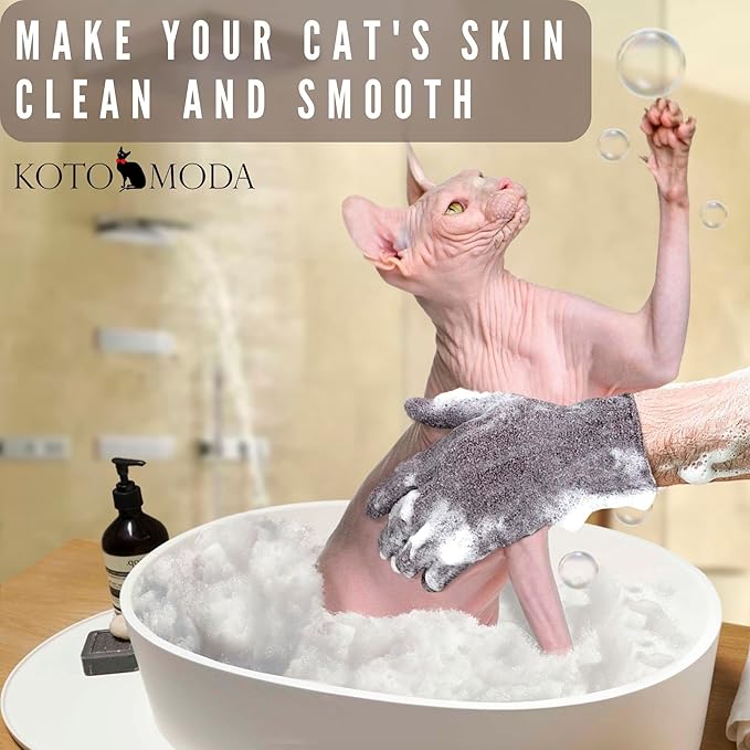 Sphynx Cat Bath Glove, Carbonized Bamboo Charcoal Exfoliating Mitt for Hairless Cats, Gentle Pet Grooming Bath Scrub for Peterbald and Donskoy (1 Pair)