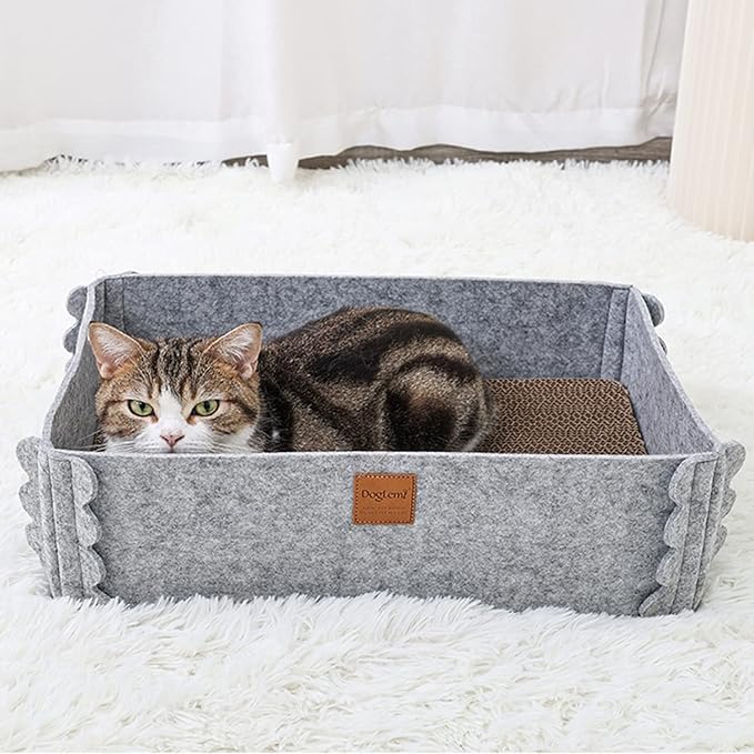 Felt Cat Scratcher Lounge Box with Removable Cardboard,Rectangular Cat Bed with Corrugated Board, Pet Scratching Pad for Furniture Protection, Training Toy (Gray)
