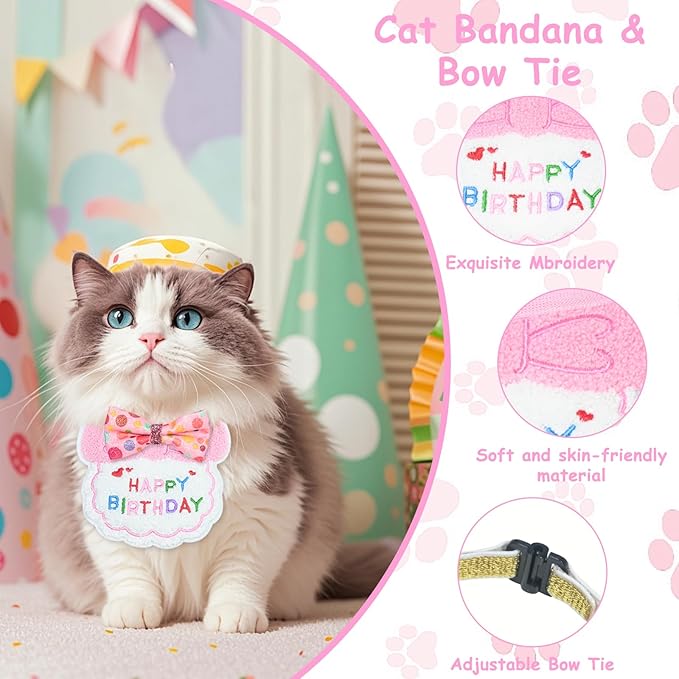 5Pcs Cat Birthday Decorations, Adjustable Cat Birthday Hat Bandana Tutu Skirt Collar Bow & 9 Number Stickers 0-8, Kitten Costume Outfit Decorations for Anniversary of Birth, Small Dog Friendly (Pink)
