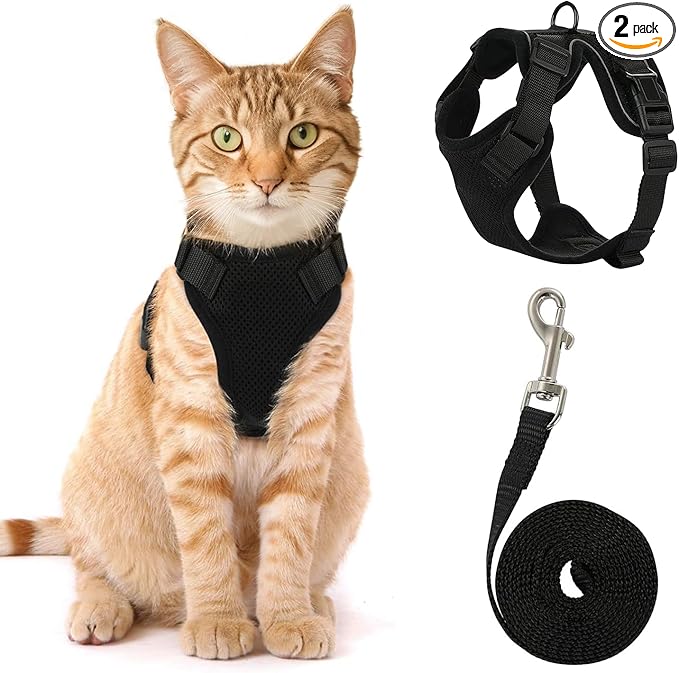 Cat Harness and Leash Set,Escape Proof Adjustable Cat Harness,Soft and Breathable Kitten Harness and Leash with Reflective Strips for Walking and Traveling(Black,S)