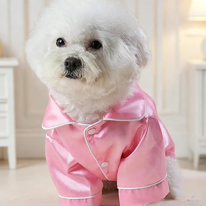 Cat Puppy Costume Elegant Satin Pajamas with Bow Headband 2PCs Set Pet Sleepwear Cute Pet Outfit Cosplay Partywear Photoshoots (Pink Set,X-Large)