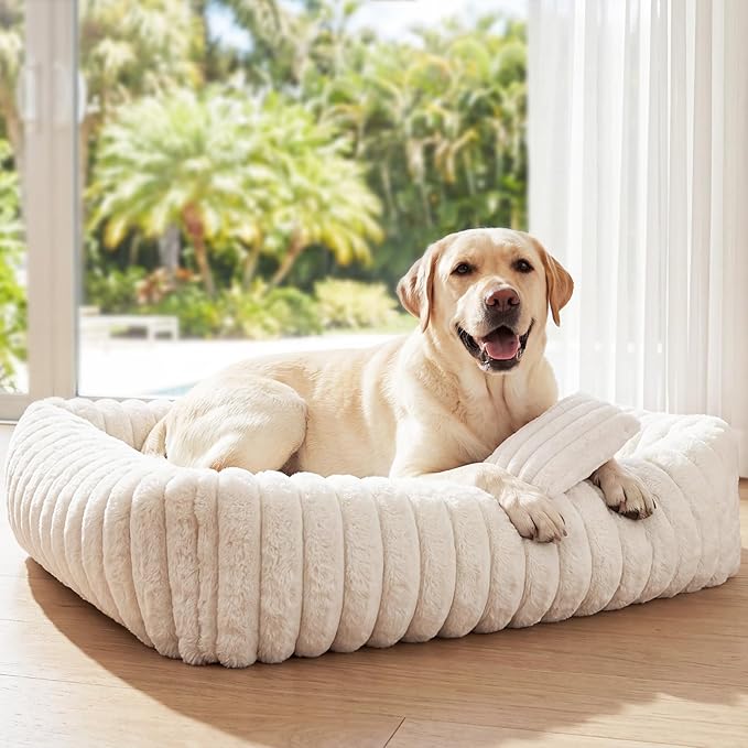 Dog Beds Large Sized Dog, Washable Self Warming Dog Cat Bed Rectangle Orthopedic Large Pet Sofa, Super Soft Plush Rabbit Fur Pet Couch Cute Cat Bed with Removable Zipper Cover & Anti-Slip Bottom