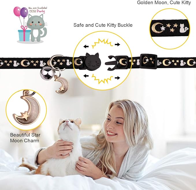 4PCS Cat Collar with Bells,Breakaway Cat Collars,Moons Stars Cute Kitty Adjustable Safe Kitten Collars Pendant Glow in The Dark,Cat Collars for Boy Cats 8.0-13.0 Inch(2 Black & 2 Purple)