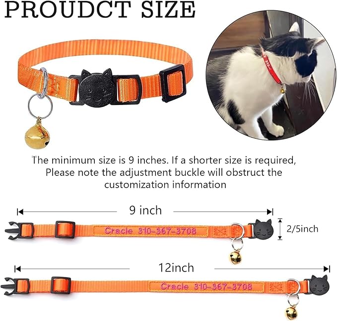 shangye Personalized Cat Collar, Custom Embroidered Cat Collars with with Name and Phone Number, Nylon ID Collar for Cat or Kitten with Breakaway Safety Release Buckle with Bell