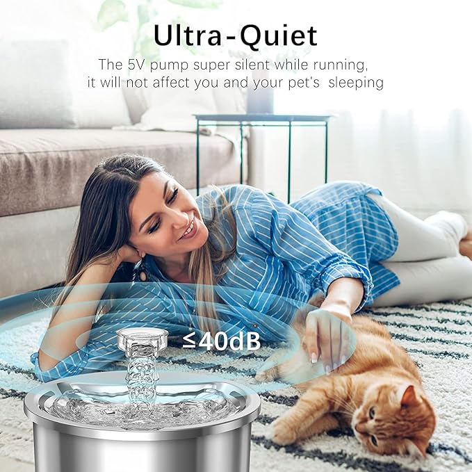 Cat Water Fountain - 67Oz/2L Automatic 304 Stainless Steel Pet Water Fountain, Ultra-Quiet Pump and 4 Replacement Filter