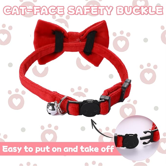 Trinkrittey 2 Pcs Solid Color Velvet Cat Collar with Bell and Removable Bowtie, Adjustable Breakaway Cat Collars Cute Cats Bow Tie Collar for Pet Wedding Party Halloween, Rose Red and Red