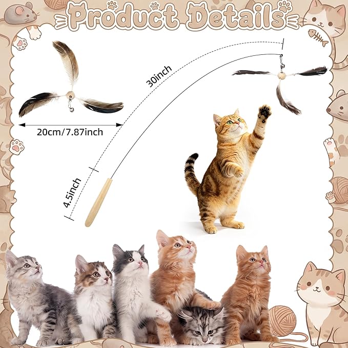 Outus 19 Pcs Cat Toys Bulk 1 Kitten Wand 18 Cat Spinning Feather Toys Refills, Cats Wand Replacement Feather for Indoor Cats