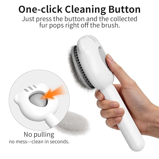 Cat Brush for Shedding, Self Cleaning Pet Hair Brush with Release Button, Cat & Dog Grooming Brush for Long or Short Haired Pets, Removes Loose Fur (White)