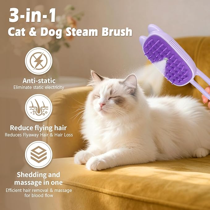 Pet Steam Brush for Dogs and Cats, Spritz Defur Comb 3 in 1 Pet Rechargeable Steam Brush Tool for Long and Short Haired Cats and Dogs, Anti-Static, Shedding, Detangling, Massage & Combing (Purple)