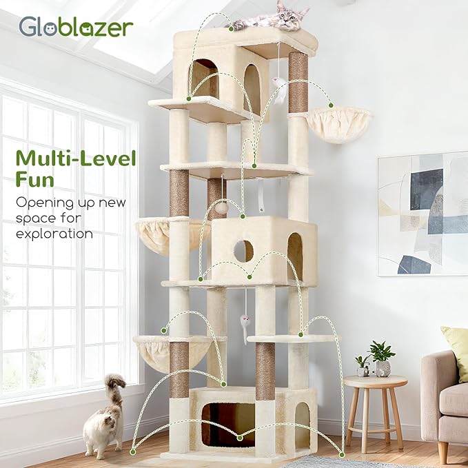 Globlazer Large Cat Tree, 80 inch Multi-Level Tall Climbing Tower Kitty Condos Cat Scratching Tower for Indoor Multiple Large Adult Cats Kittens with 3 Cat Caves, 3 Hanging Baskets, F80F, Beige