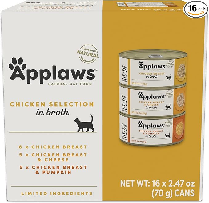 Applaws Natural Wet Canned Cat Food, Made with Limited and Natural Ingredients, Protein with No Artificial Additives, Chicken Selection Variety Pack in Broth (16 x 2.47oz Cans)