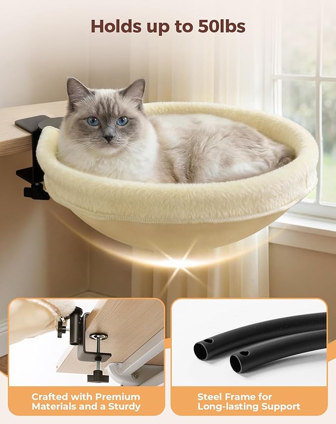 Petcozife Cat Desk Bed, 16"x16" Sturdy Rotating Cat Bed for Desk with Removable Washable Soft Fabric Hammock Cover, Stable Holds Up to 50 lbs, Space Saving Cat Perch for Home Office, Game Table
