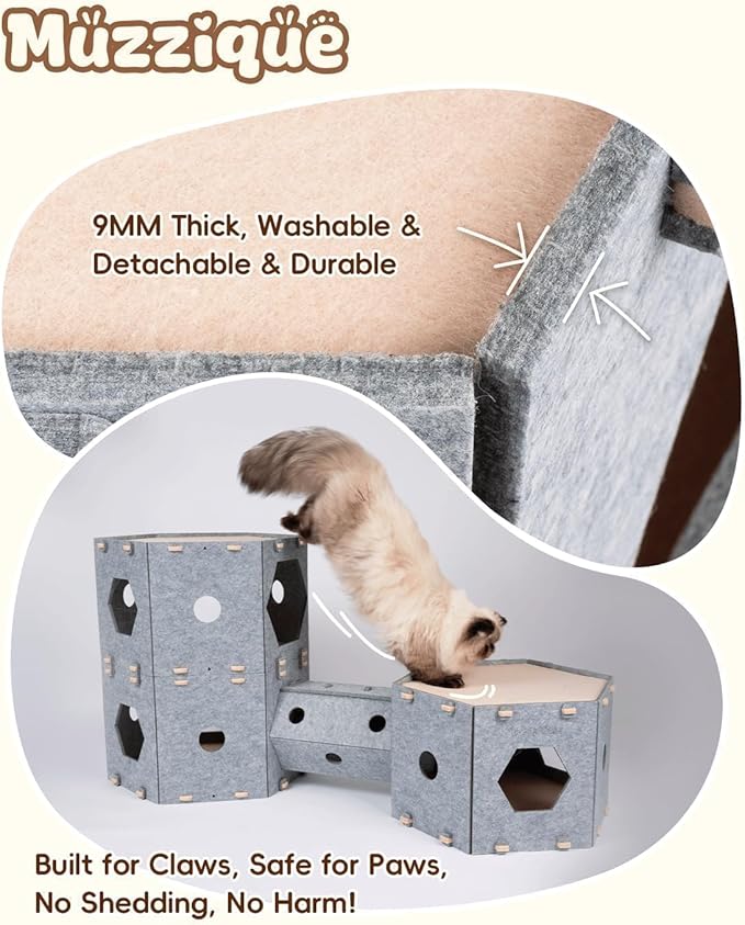 Large Cat Tunnel House Bed for Indoor Cats, w/Hair Brush, DIY Expandable Modular Felt Pet Castle, Clawsable Multi Layer Kitten Scratcher Nest, Peekaboo Small Dogs Puppy Cave, 3 Perch Kitty Furniture
