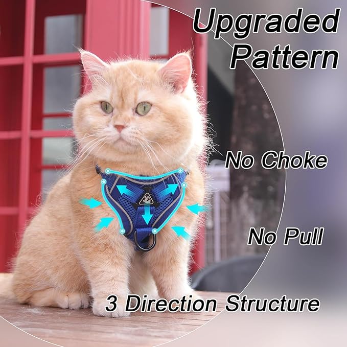 Cat Harness and Leash Set, Upgraded Escape Proof Adjustable Vest with Lead for Kitten Puppy Outdoor Walking, Soft Breathable Mesh Jacket with Reflective Strips for Dark Night (M, Klein Blue)