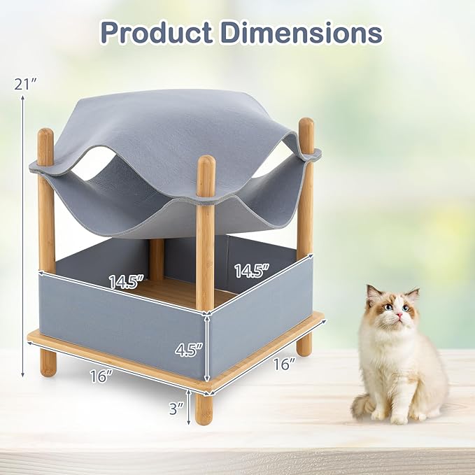 Tangkula Elevated Cat Hammock Bed, 2-Tier Bamboo Pet Bunk Beds for Indoor Cats, Modern Raised Hanging Bed with Semi-Enclosed Condo, Removable & Washable Felt Fabric, Extra Storage Space (Gray)