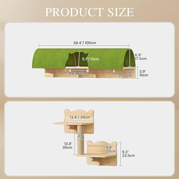 7-in-1 Cat Wall Shelves, Multi-Level Solid Wood Cat Furniture for Wall, Floating Cats Wall Shelves Set, Cat Climbing Wall Systems with Scratching Post and Tunnel, Burlywood