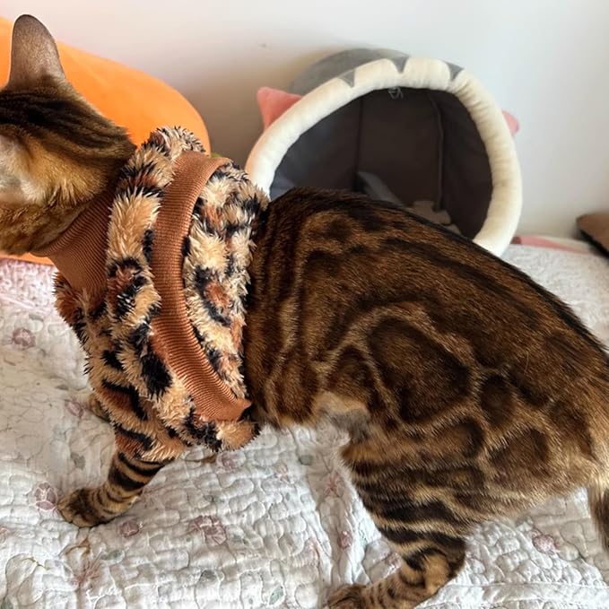 Cat Leopard Double-Sided Fleece Pullover, Soft Warm Clothes for Hairless Sphynx, Devon & All Indoor Kittens in Winter (Leopard,M)