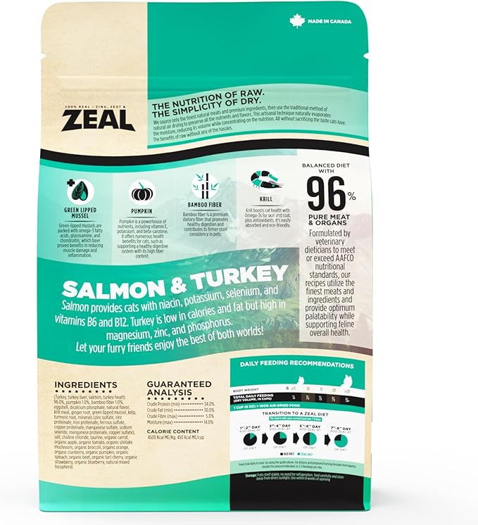 ZEAL Canada Air-Dried Salmon & Turkey Recipe for Cats - Superfood Omega-3 Rich, Dual-Protein, Grain Free, No Fillers, Complete Nutrition (Salmon & Turkey, 14.1 oz)