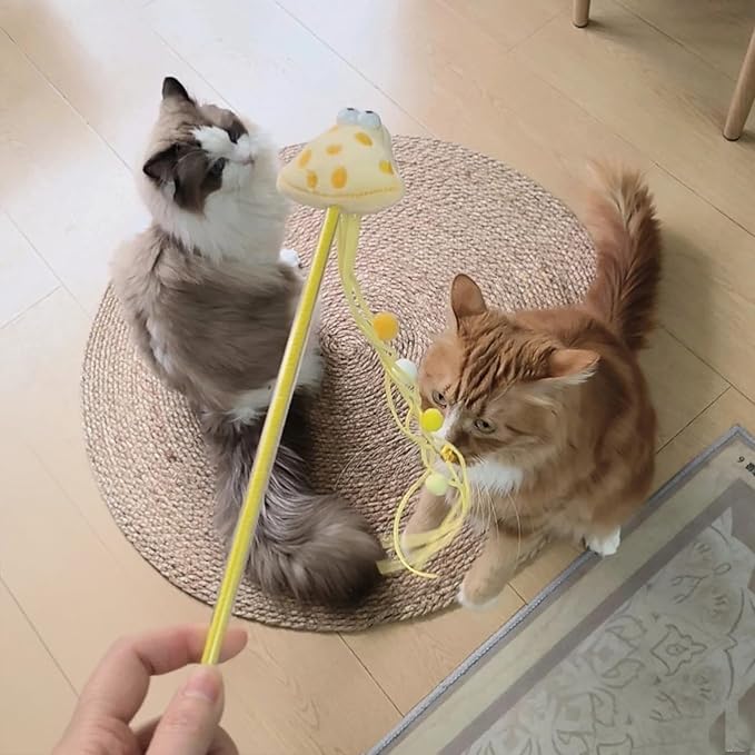 Cat Wands for Indoor, Interactive Teasing Stick Plush Cheese & Toast with Tassel Balls Cute Kitten Wand Safe Kitty Toy for All Breed Size