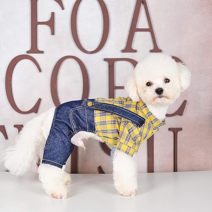 SMALLLEE_LUCKY_STORE Pet Clothes Costume Puppy Denim Overalls for Small Medium Dogs Cats Boys Bowtie Plaid Shirt Jeans Pants Outfits Chihuahua One Piece Jumpsuit,Yellow XS