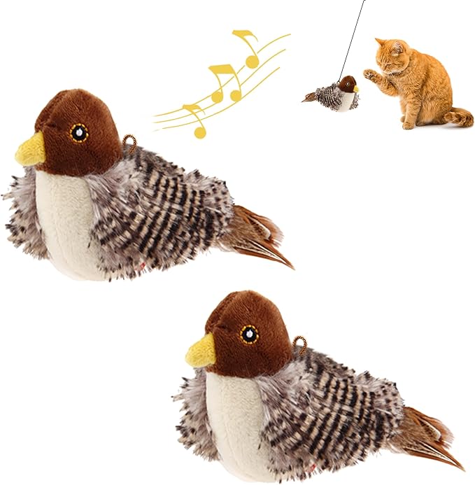 Gigwi Interactive Cat Toys Squeaky 2 Pack, Stimulated Chirping Bird Toys Making Noise, Automatic Chirp Bird Cat Toy with Feather Tail, Melody Chaser Play and Squeak Kitten Toy for Puppy Boredom
