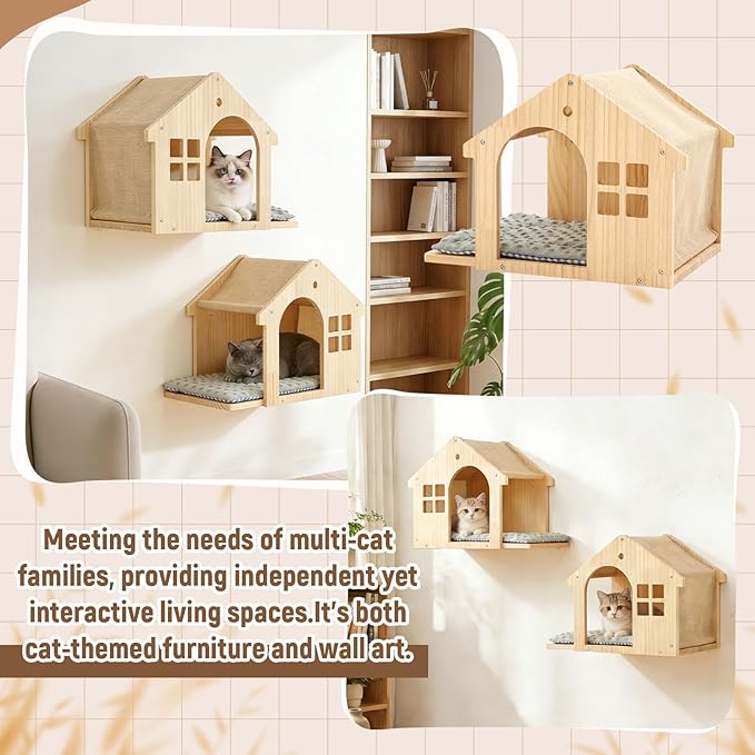 2 Pack Wall Mounted Cat Furniture, 16.5"x11" Solid Wood Cat Wall Shelves with Pillow Cushions, Wall-Mounted Box Condo House Perches, Stable Design for Small to Medium Cats, Space Saving