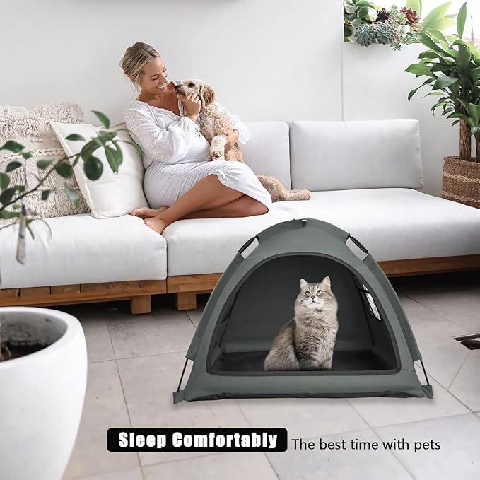 Anti-Anxiety Open Pet Tent, Calming Hideaway Monitoring Bed for Cats & Small Dogs, Breathable Mesh, Tool-Free Setup, Indoor Outdoor Travel, Grey