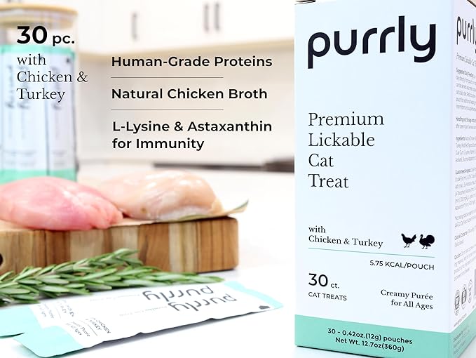 Purrly Interactive Lickable Cat Treats Low Calorie Human-Grade Chicken Breast & Turkey with L-Lysine & Astaxanthin for Immunity (30 Count) Hydrating BPA-Free Grain-Free Non-GMO All Ages Low-Phosphorus