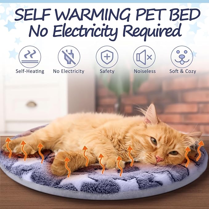 VitalCozy 2 Pack Self Heating Cat Pad Self Heating Cat Bed Machine Washable Heat Pet Mat Reversible Body Thermal Warm Round Dog Bed Crate Blanket for Feral and Indoor Cats(16'',Blue Large Star)