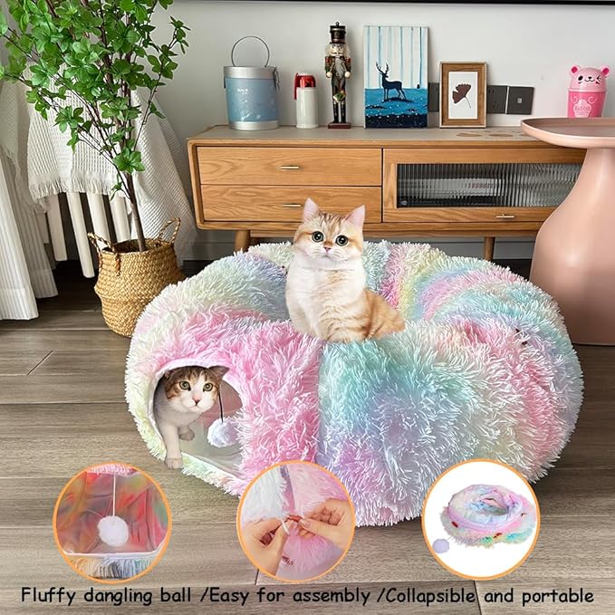 Cat Bed Tunnel Tube Toy Rainbow Plush Round, Collapsible Pet Tunnels for Indoor Cats, Interactive Toys Play Tubes with Hanging Ball for Kitty, Puppy, Rabbit for Fun Playtime & Exercise