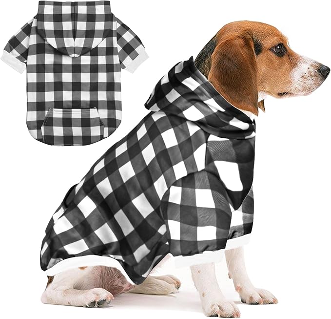 Plaid Dog Sweaters Hoodies Sweatshirts for Dogs Cats, Warm and Soft Cold Weater Coats for Christmas (Black, Large)