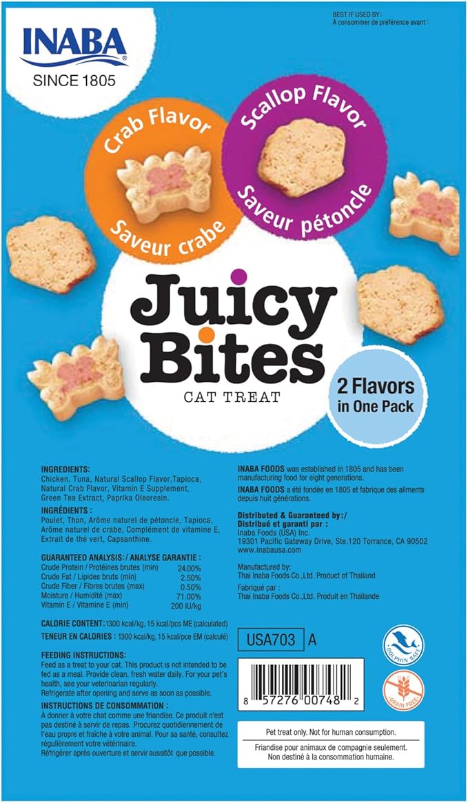 INABA Juicy Bites, Moist & Chewy Cat Treats with Vitamin E and Green Tea Extract, 0.4 Ounces per Pouch, 18 Pouches (3 per Bag), Scallop and Crab
