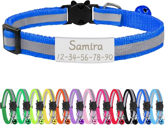 CAMAL Reflective Cat Collar Personalized with Pet ID Tag, Safety Breakaway Cat Collar with Name Tag, Royal Blue Kitten Collar with Bell for Boy Girl Cats Puppies