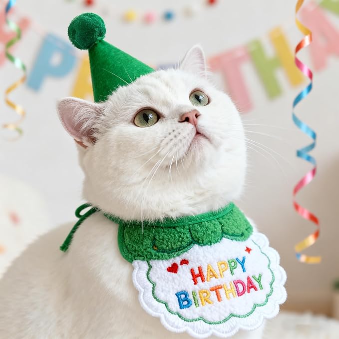 Reusable Cat Birthday Decorations Set - Adjustable Cat Birthday Hat & Bandana with Age Numbers | Kitty Celebration Kit for Memorable Milestones（Green）