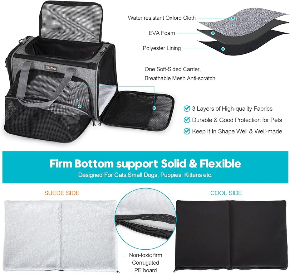 Pet Carriers Soft-Sided Carrier,Ventilation,4 Zipper Opening Grows Extra Room,Padded Mat Bottom,for Cat,Puppy, Grey