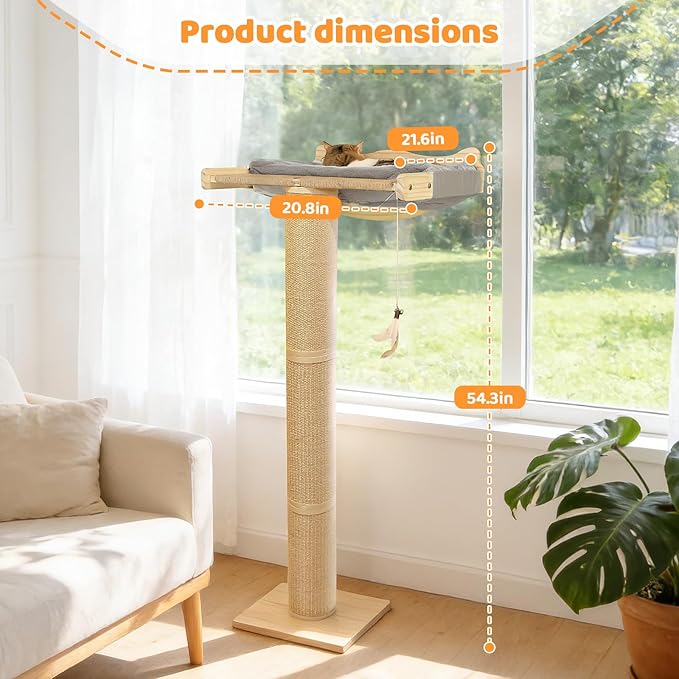 Cat Window Perch Hammock with 3-Piece Detachable Roman Column Sisal Scratching Posts, Gray Fluffy Cusion, Drill-Free Suction Cup Mount, Extra Large for Large Cats & Maine Coons, 60 LBS Capacity