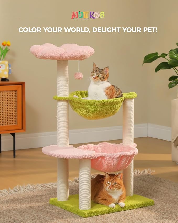 MUTTROS Flower Cat Tree with 2 Large Hammocks, 37.4" Small Cat Tower for Indoor Kitty with 6 Scratching Posts, Cute Cat Tree with Flower Top Perch, Pink