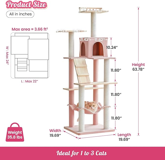 MWPO Pink Modern Cat Tree for Indoor Cats, 63.8-Inch Multi-Level Tall Cat Tower with Cat Condo, Hammock, Woden Top Perch, Scratching Posts for Kittens & Adult Cats