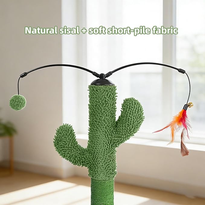 YUNIQUE Cactus Cat Scratching Post with Sisal Rope, Small Cat Tree with Dangling Balls & Feather for Kittens (Green,20.9'')