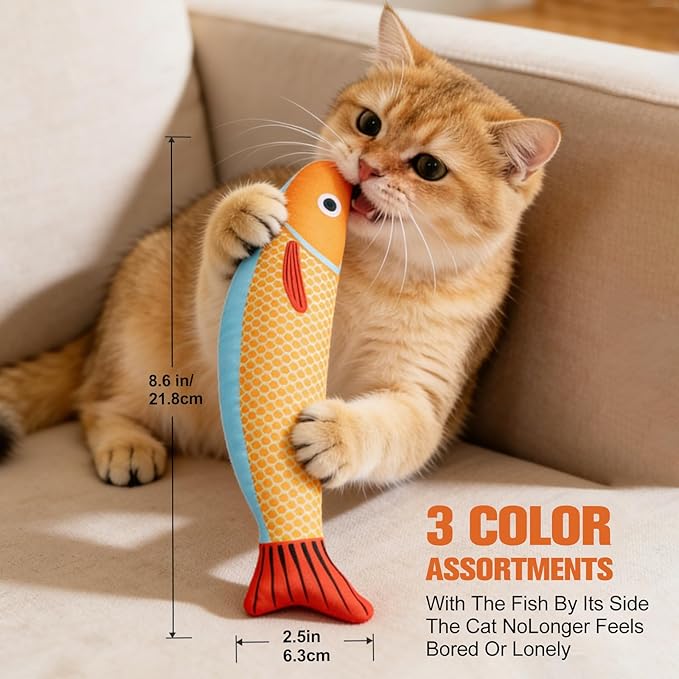 Catnip Toys for Cats Indoor, Cat Kicker Toy 3 Pack Plush Fish with Crinkle Sound, Interactive Kitten Toys for Boredom Relief, Soft Durable Cat Chew Toys for Indoor Cats and Kittens