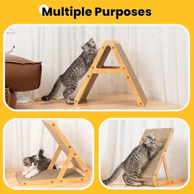 Conlun A-Frame Cat Scratching Board, Recycled Cardboard & Wood Frame, Dual-Sided Vertical Horizontal Cat Scratcher for Indoor Kittens, Space-Saving Furniture Protector for Sofa Walls-Light Wood, Small