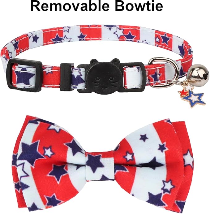 PTDECOR American Flag Cat Collar Breakaway with Cute Bow Tie Bell, 4th of July Bandana Collar, Patriotic Cat Bowtie Collars for Kittens (Red&White)