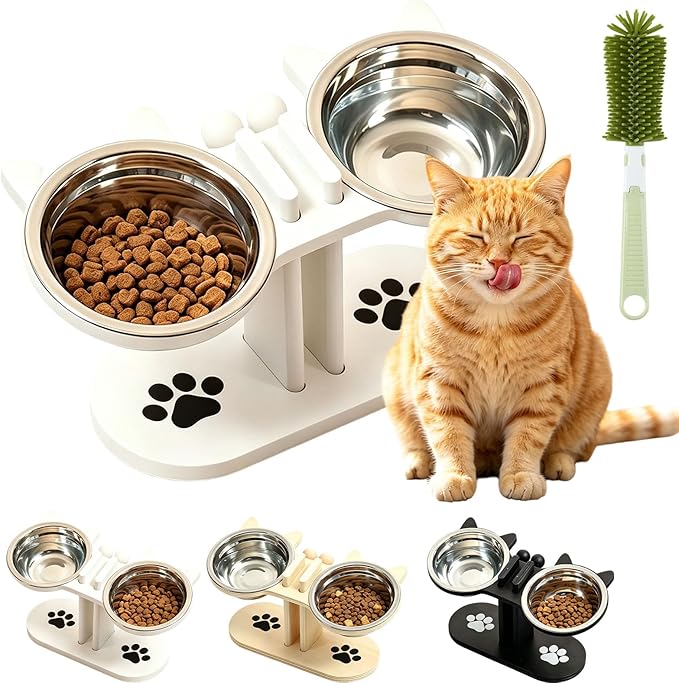 2026 New Anti-Slip Elevated 3-Bowl Pet Feeder, Cat Bowls With Stand Tilted, Stainlesssteel Cat Feeding Station, Ergonomic Elevated Cats Bowls With Wooden Base, Pet Feeding Station For Food & Water (B)