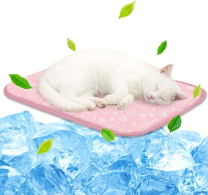 NWK Pet Cooling Mat -Q-Max>0.345 Ice Silk Cooling Mat for Dogs & Cats Portable & Washable Pet Cooling Blanket, Car Seats, Beds for Summer (Pink Cat, 20'' X 16'' X 0.3'')
