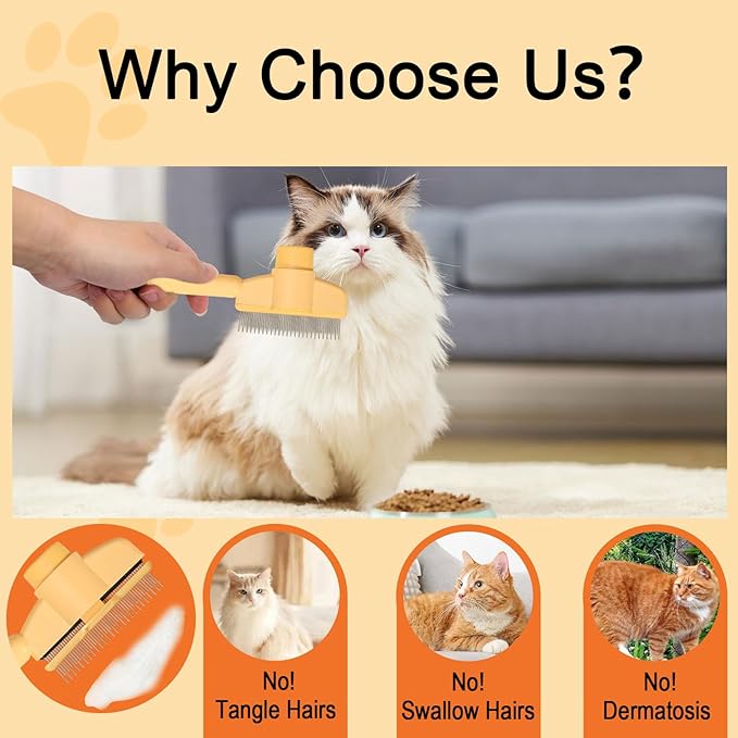Dogs and Cats Comb with Release Button, Pet Hair Removal Tools with Safe Stainless Steel Teeth for Deshedding, Cat Grooming Supplies for Long/Short Hair, Cat Brush for Shedding, Orange