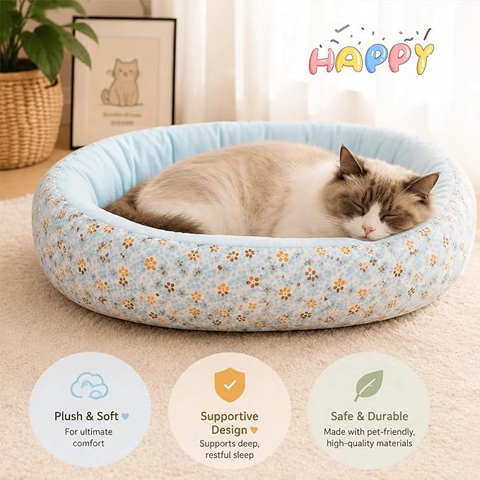 Floral Print Cat Beds for Indoor Cats Cozy Plush Fabric, Supportive Raised Sides, Non-Slip Bottom Washable Mat for Small Medium Pet Puppy Dog (Light-Blue,Large)