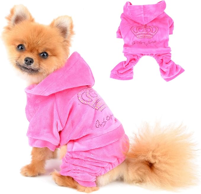 SEIMAI Dog Hoodies Jumpsuit for Small Dog Cat Puppy Rhinestone Crown Soft Velvet Autumn Winter Hooded Pajamas Tracksuit Outfits Sportswear Jacket with Hat Training Outdoor Pink S